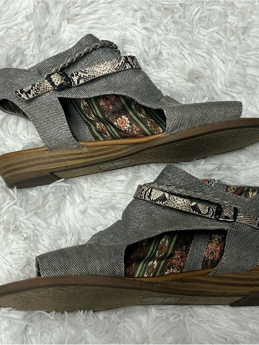 Women's Blowfish Malibu Gray Denim Peep-Toe Sandals snake skin strap